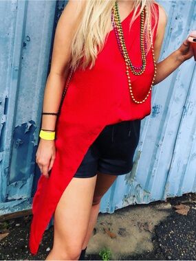 Red Asymmetric High-Slit Sleeveless Top - Women